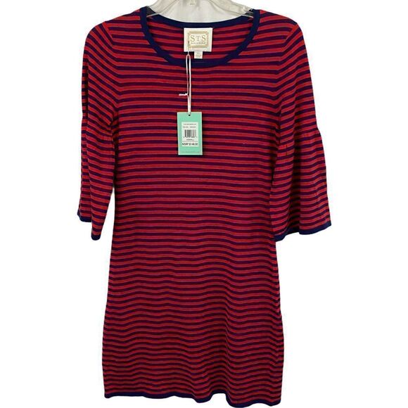 Sail to Sable Red, Blue Striped Bell Sleeve Dress - Picture 1 of 7